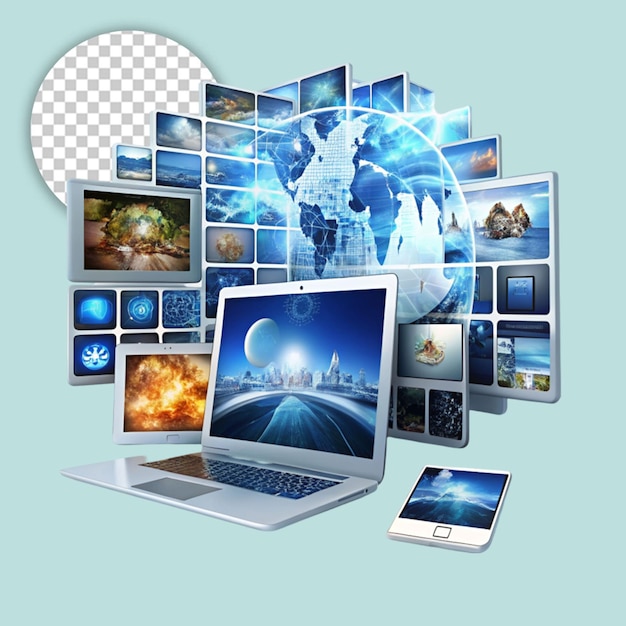 a globe surrounded by laptops and computers on transparent background