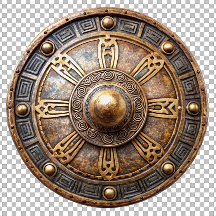 a gold and black shield with a design on it
