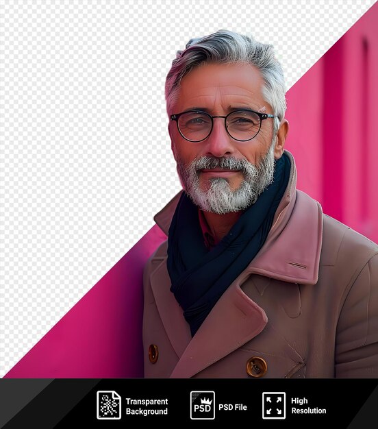 PSD a gray haired elegant man standing near the wallnear the office building png