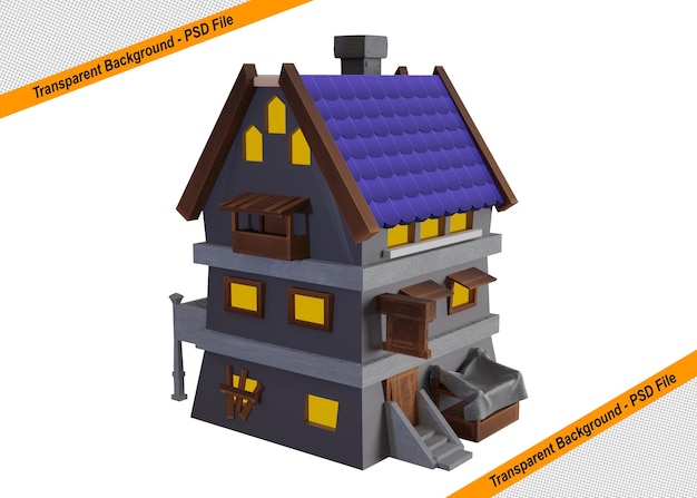 紫色の屋根にトランジスタと書かれた黄色のストライプが入った灰色の家。