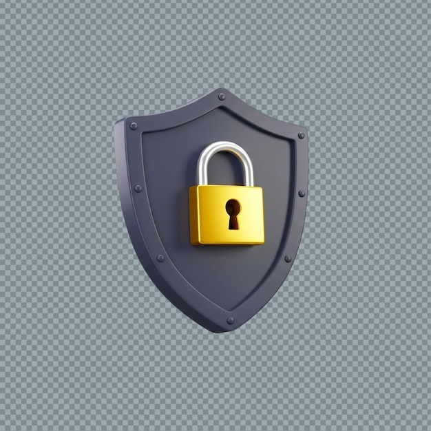 A gray shield with rivets and a gold padlock on a transparent checkered background png