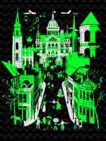 PSD Зеленая и черная иллюстрация церкви с зеленым фоном