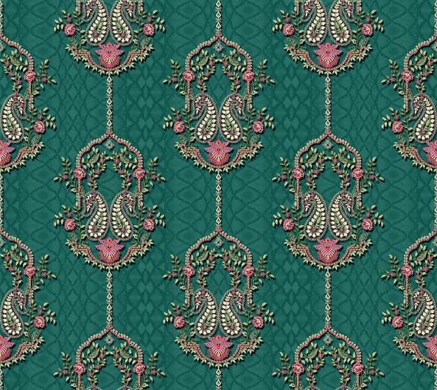 a green and gold design with a floral pattern on a green background
