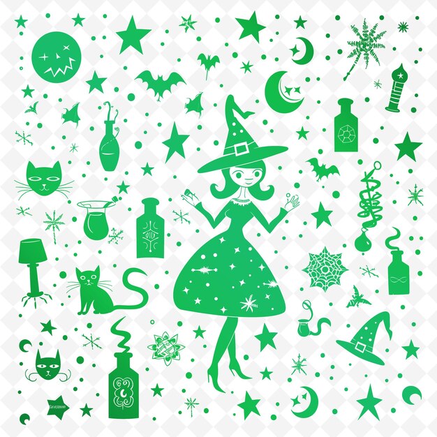 초록색과 색의 배경에는 초록색 마녀 모자, 초록색 배경에는 '마녀'라는 단어가 새겨져 있다.