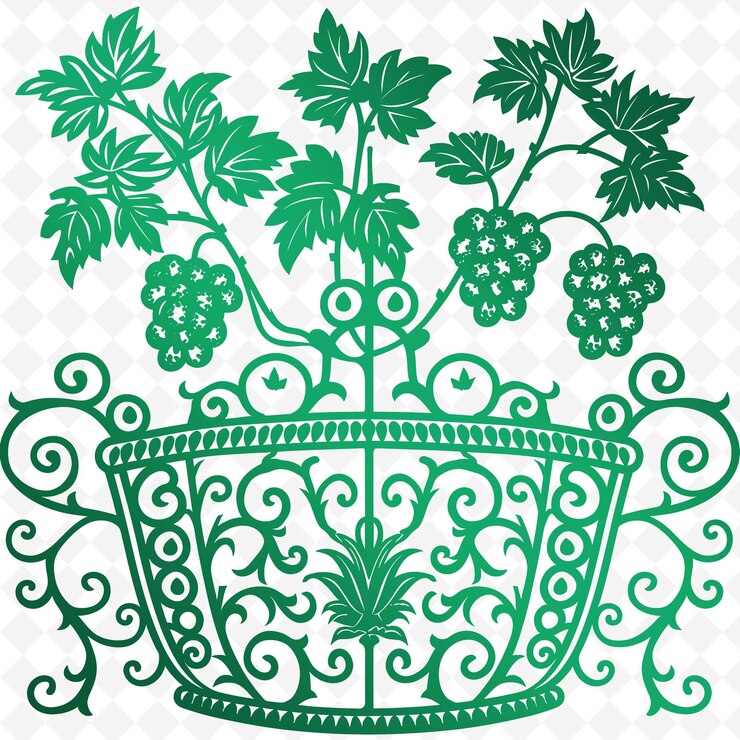 PSD a green and white floral teapot with grapes on it