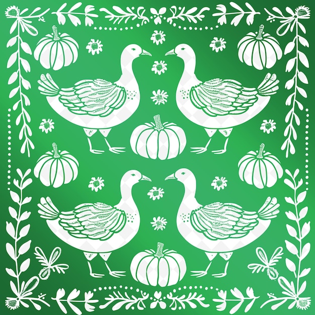 PSD Зеленый фон с рисунком птиц и тыквы