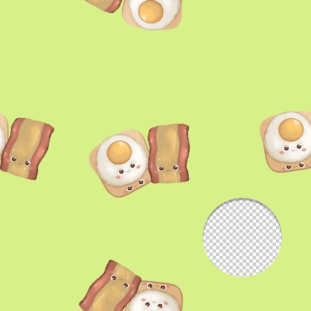 Зеленый фон с изображением яичницы и корзины с яйцами.