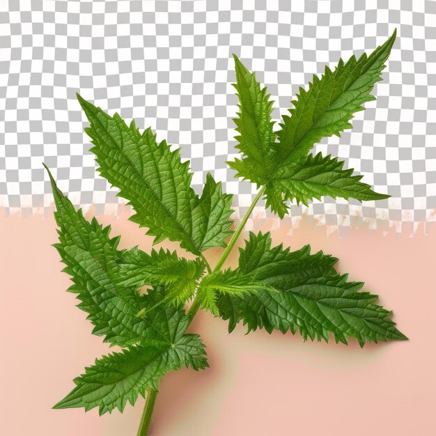 PSD a green leaf of mint is on a checkered background