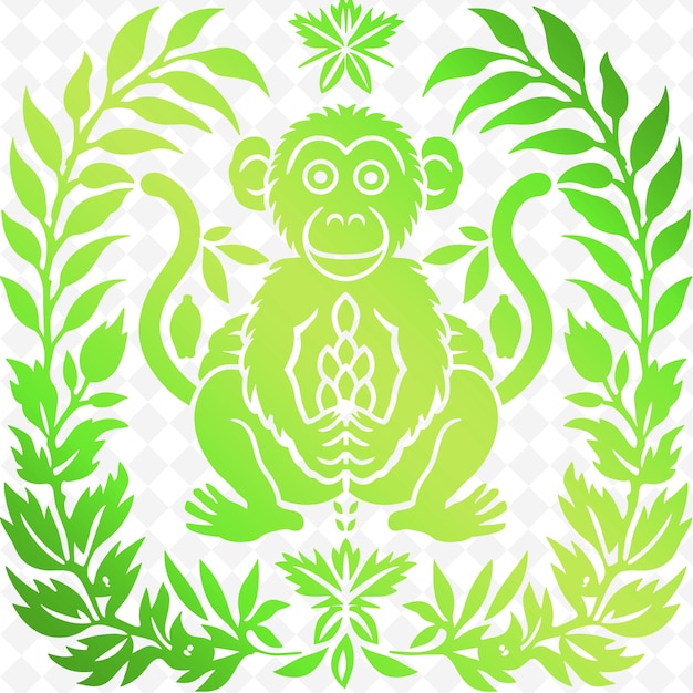 PSD 緑色の背景に緑色と白色のパターンが付いている緑色の猿