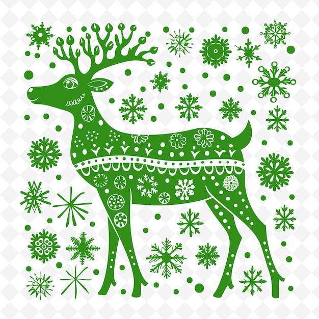 PSD その上に雪花と雪花がある緑の鹿