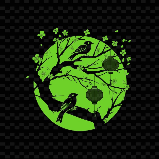 PSD Зеленое дерево с зеленой луной и птицами на нем