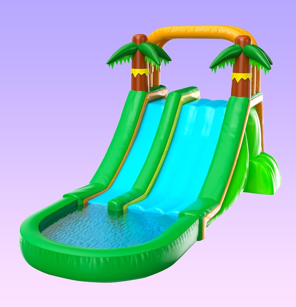 PSD 여름 슬라이더 수영장에 야자수가 있는 녹색 워터 슬라이드