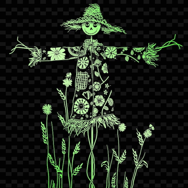 초록색 모자를 입은 초록색 마녀가 꽃에 서 있다