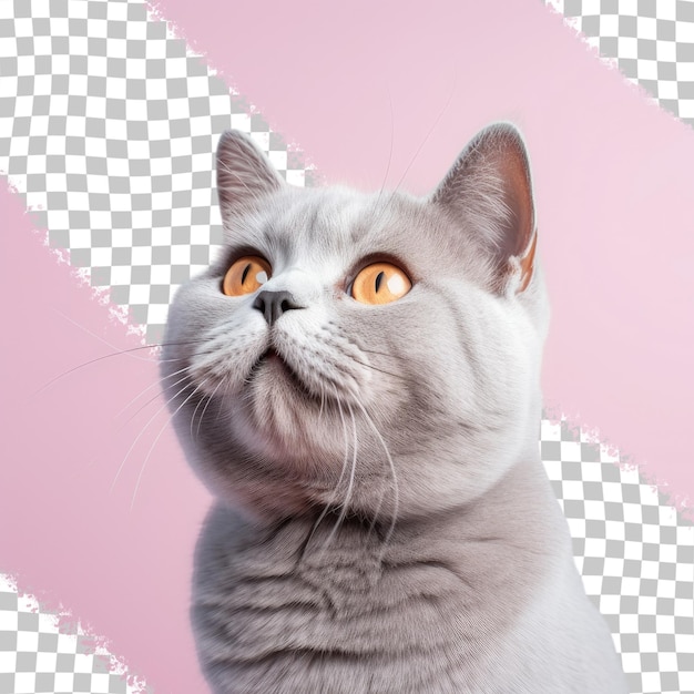 PSD 주황색 눈을 가진 회색 고양이가 위를 올려다보고 있습니다.