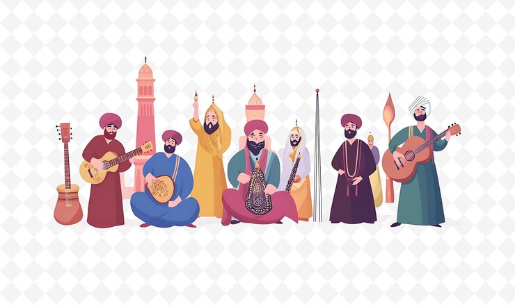PSD a group of people with instruments and a statue of a man holding a sword