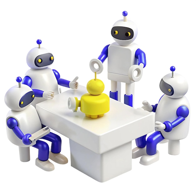 a group of robots are around a table with one of them wearing yellow