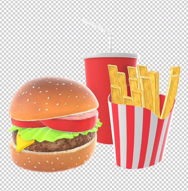 a hamburger and french fries are next to a cup of soda isolated on transparent background