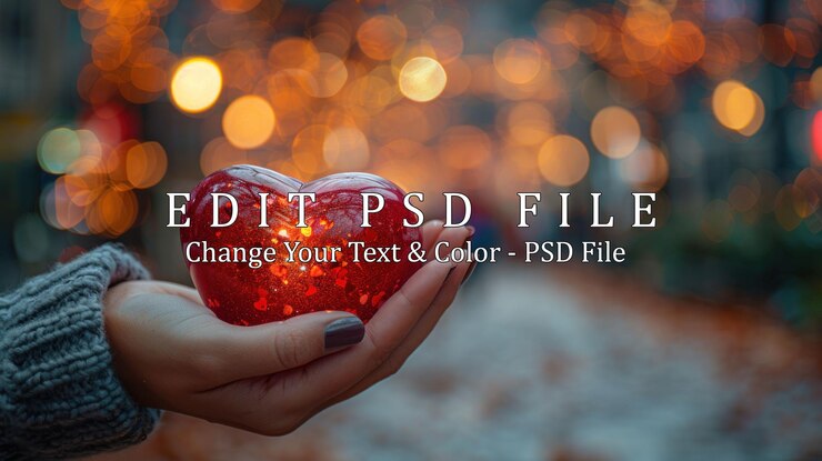 PSD a hand holding a red heart ornament with blurry bokeh background