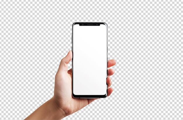 a hand holding a smartphone with a transparent png background