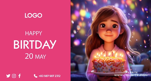 PSD 케이크와 양초를 든 소녀를 위한 생일 축하 카드.