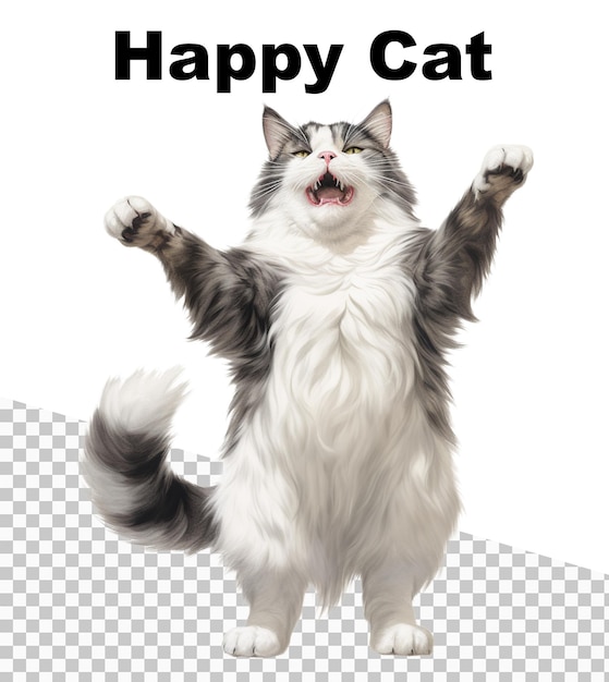 행복한 고양이가 뒷다리로 서 있고 행복한 고양이라는 단어가 그림 상단에 있습니다.