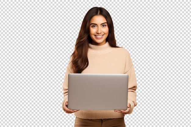 a happy woman with laptop isolated on a transparent background