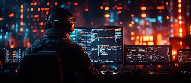 a hooded figure sits in front of multiple computer monitors looking intently at the screen the screens display lines of code and the room is lit by an array of colorful lights
