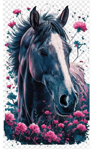 PSD Лошадь с черной гривой в поле цветов