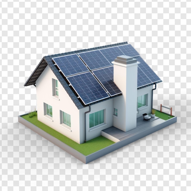 PSD Дом, который имеет солнечную энергию на крыше, которая заряжает большую батарею на прозрачном фоне psd