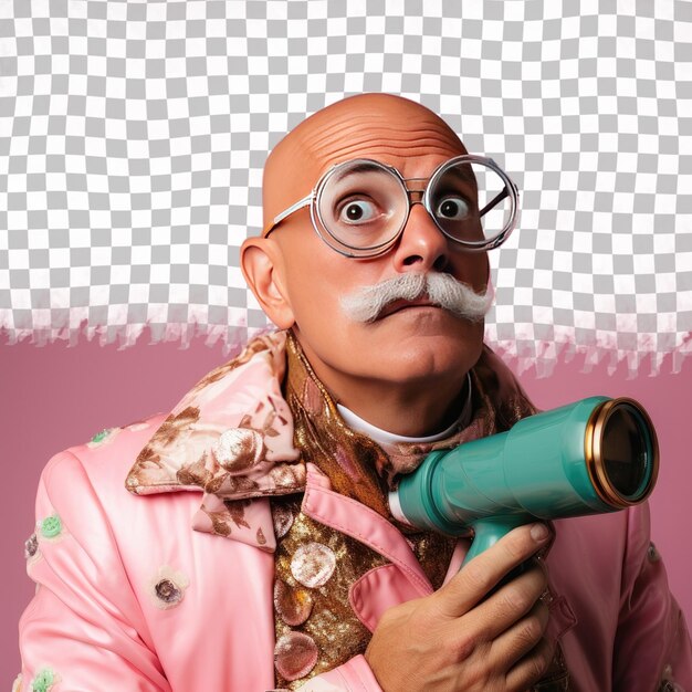 Безразличный пожилой мужчина с лысыми волосами из испаноязычной этнической группы, одетый в звездный обзор с телескопным нарядом, позирует в стиле close up of lips на фоне пастельной розы