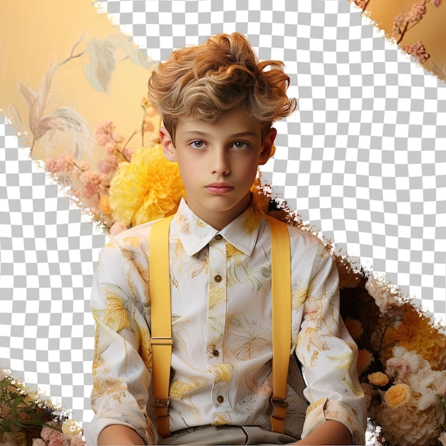 PSD Заинтригованный мальчик с короткими волосами скандинавской этнической принадлежности, одетый в цветочную одежду, позирует в сидячем стиле с головой, опирающейся на руку, на пастельном лимонном фоне