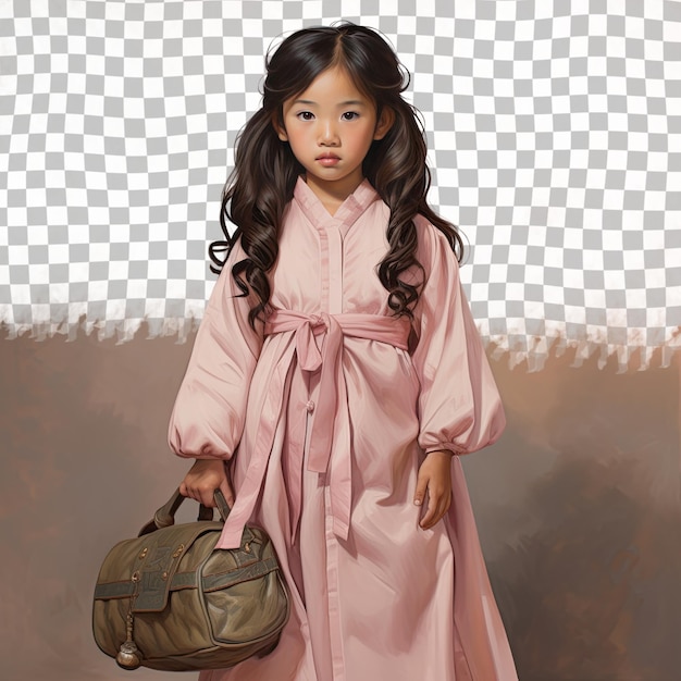 PSD 동남아시아 민족의 파란 머리카락을 가진 흥미진진한 유아 소녀는 butcher 의상을 입고 pastel mauve 배경에 대한 flowing dress 스타일의 전체 길이로 포즈를 취합니다.