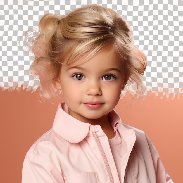PSD Изолированная малышка с светлыми волосами из испаноязычной этнической группы, одетая в одежду медсестры, позирует в стиле casual hair tug на фоне пастельных абрикосов