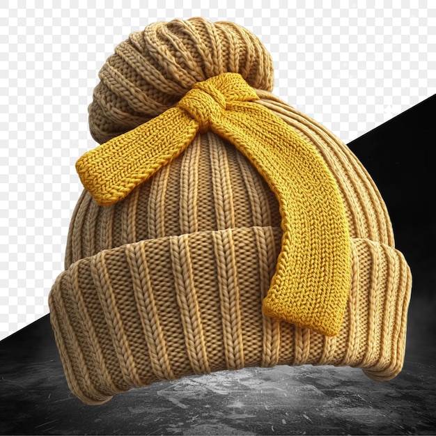 a knitted hat with a yellow ribbon on it and a yellow scarf
