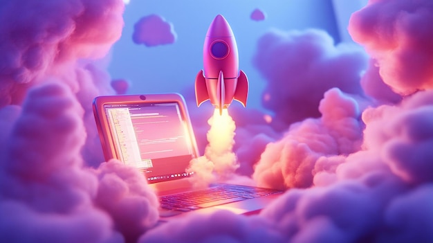 A laptop with a rocket launching from its screen surrounded by colorful clouds signifying innovation technology and progress