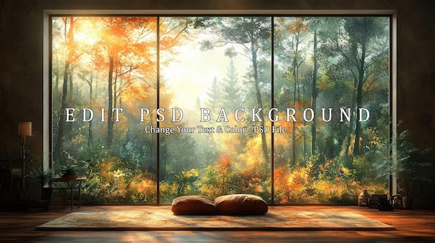 A large window with a view of a forest in the fall Sun rays illuminate the room casting a warm glow Two pillows lie on a rug in front of the window creating a tranquil atmosphere