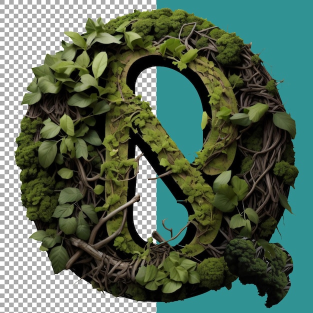 PSD Буква q с зеленым фоном и листьями вокруг него.