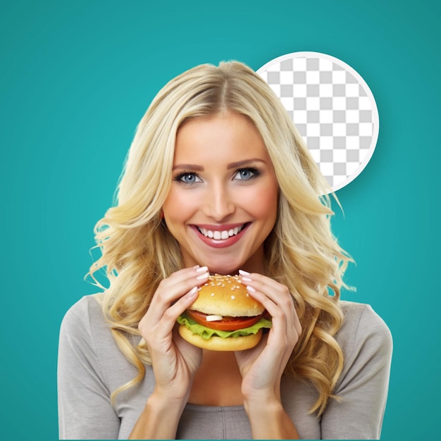 PSD 소셜 미디어 포스터를 위해 손에 햄버거를 들고 있는 예쁜 소녀. 투명한 배경 png