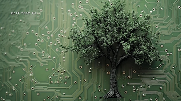 PSD a lush green tree sits atop a circuit board symbolizing sustainable technology