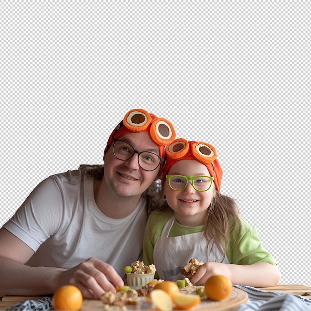 PSD 오렌지색 고글을 입은 남성과 소녀가 음식과 함께 테이블에 앉아 있습니다.