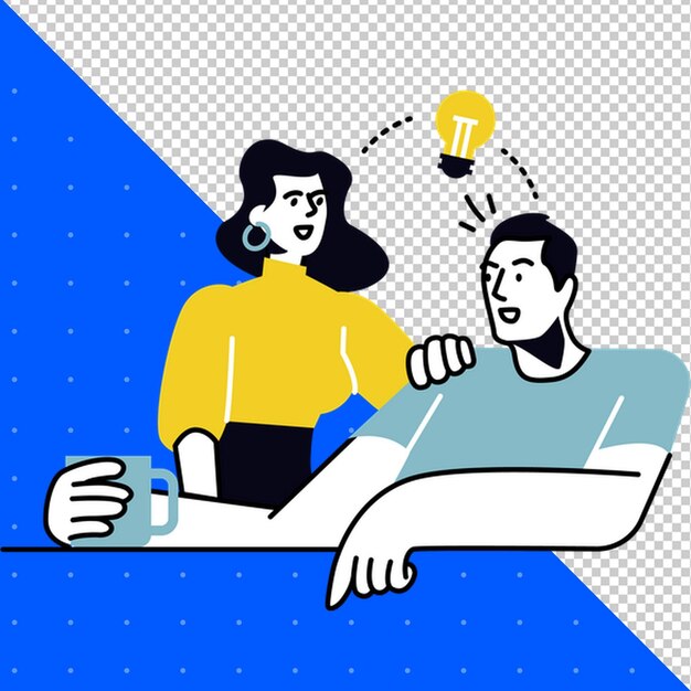 a man and a woman are looking at a man with a light bulb on his head