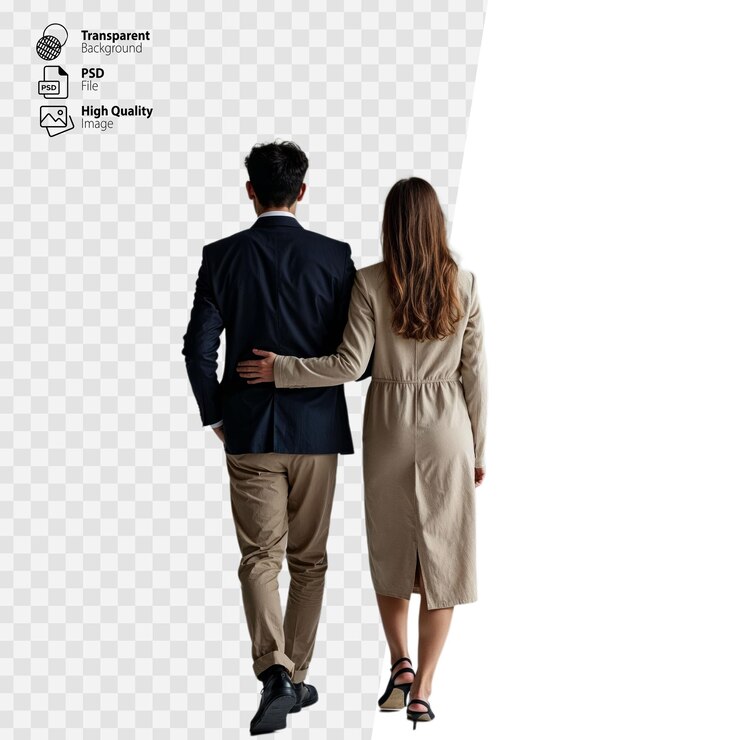 A man and woman walk away from the camera holding hands and looking towards a bright future