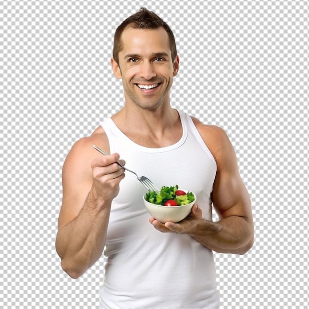 透明な背景にサラダのボウルを握っている男