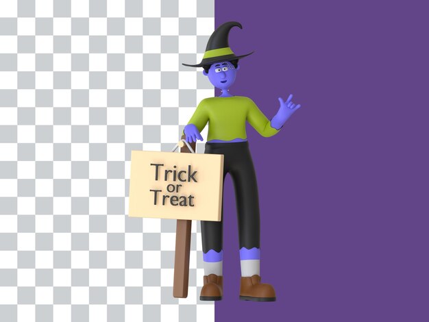 Trickortreat 표지판을 들고 있는 남자가 멋진 Trickortreat 표지판으로 할로윈 정신을 초대합니다.