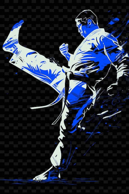 PSD Человек в сине-белом наряде занимается боевыми искусствами.