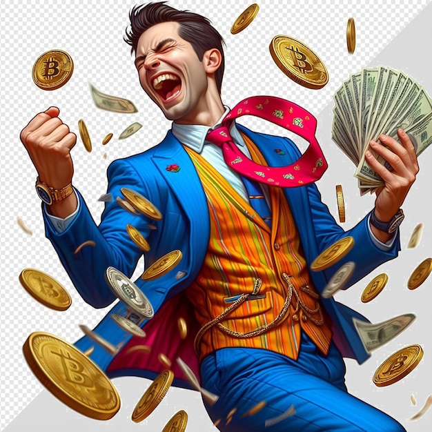 PSD Человек в красочном костюме празднует деньги и биткойны на прозрачном фоне