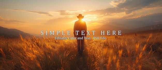 Человек в ковбойской шляпе стоит в поле на закате