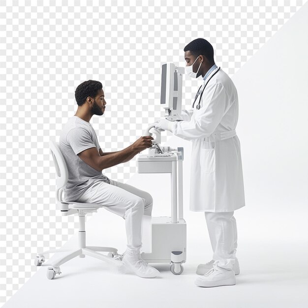 a man in a lab coat is working on a computer