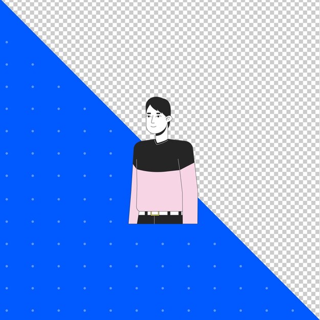 a man in a pink sweater stands in front of a blue background with a white polka dot pattern