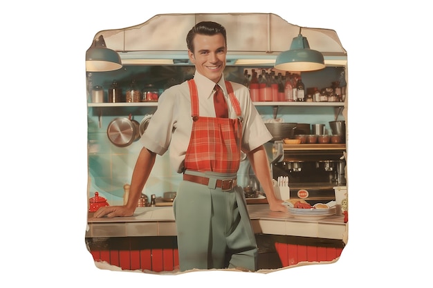 A man in a red and green plaid apron stands in front of a kitchen counter